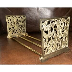 Vintage Art Nouveau Brass Adjustable Folding Book Ends Rack Desk Very Good